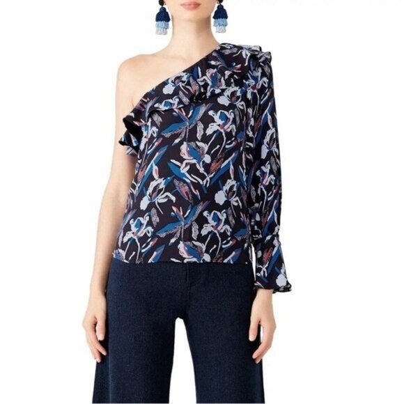 Tanya Taylor Floral Navy Blue Cutwork Floral Silk Orla Blouse Top Shirt Size 4 • - Picture 1 of 5